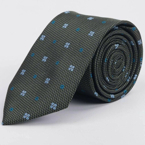 Зеленый галстук в аренду с голубым цветочным и синим квадратным узором для мужского костюма