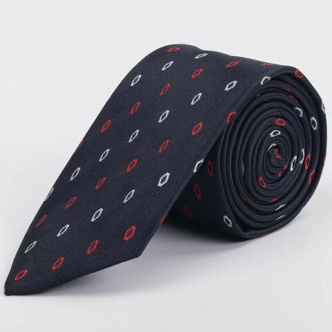 Аренда черного галстука в фактурную полоску с ромбовидным узором красно-белого цвета для мужского ко