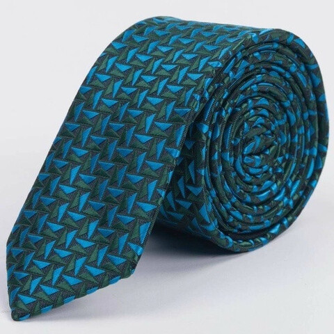 Аренда узкого галстука яркого светло-синего цвета с зеленым узором для мужского костюма