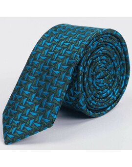 Аренда узкого галстука яркого светло-синего цвета с зеленым узором для мужского костюма, изображение 1