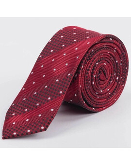 Прокат узкого фактурного галстука ярко-бордового цвета в широкую полоску с круговым узором для мужск, изображение 1