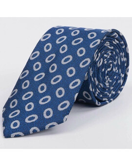 Прокат текстурированного галстука синего цвета с крупным белым кольцевым узором для мужских костюмов, изображение 1